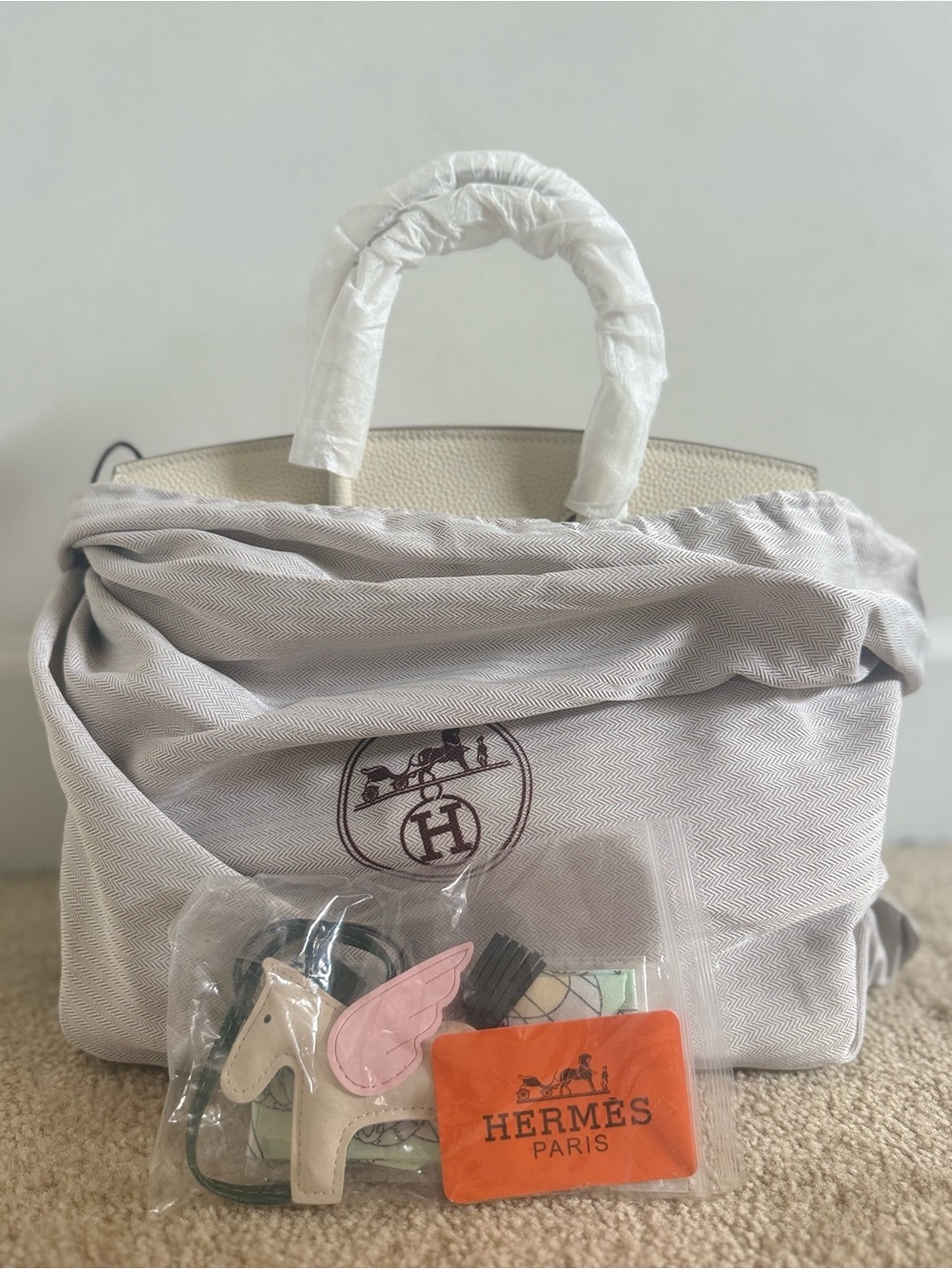 Hermes White Leather Top-Handle Tote with Charm Set